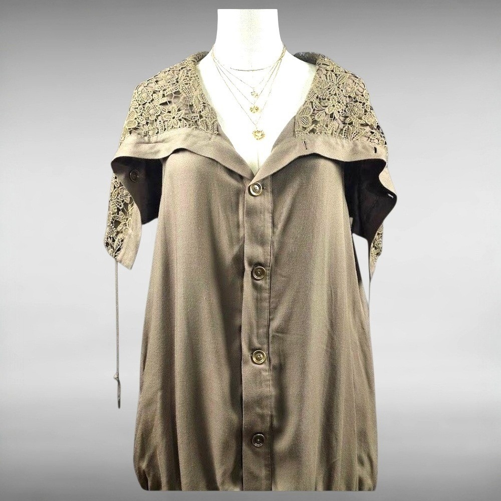Boho Peasant Olive Taupe Crochet Button Up Vest Lace Drawstring Hem Womens S